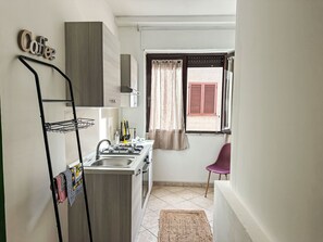 Fridge, microwave, oven, cookware/dishes/utensils