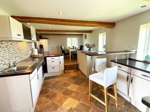 Fridge, microwave, oven, stovetop - Dat groote Diekhuus - whirlpool, terrace, fenced garden, sauna, beach chair (Rodenäs)