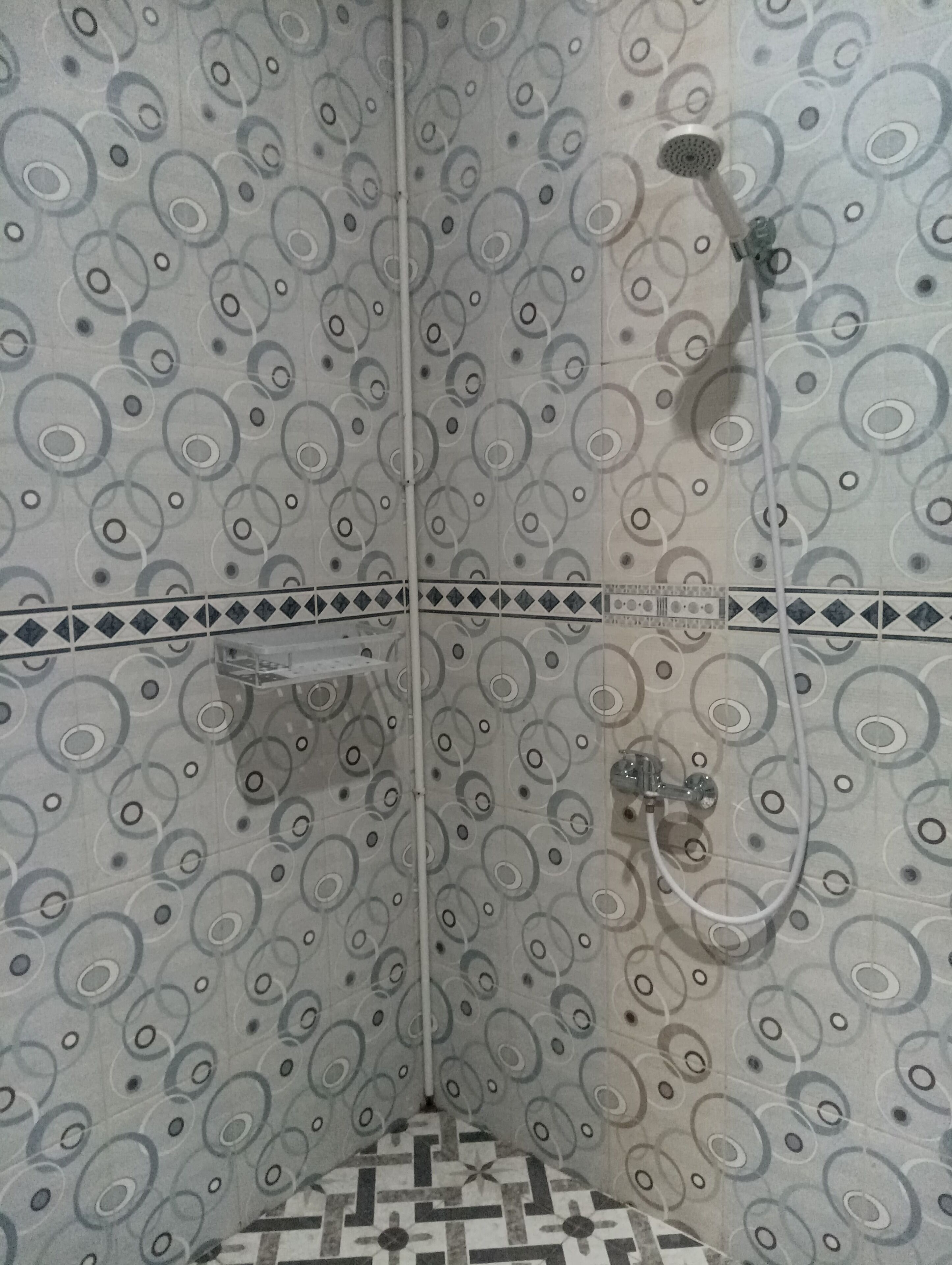 Une douche dont les parois sont décorées d’un motif circulaire, avec un pommeau de douche et un flexible de douche.