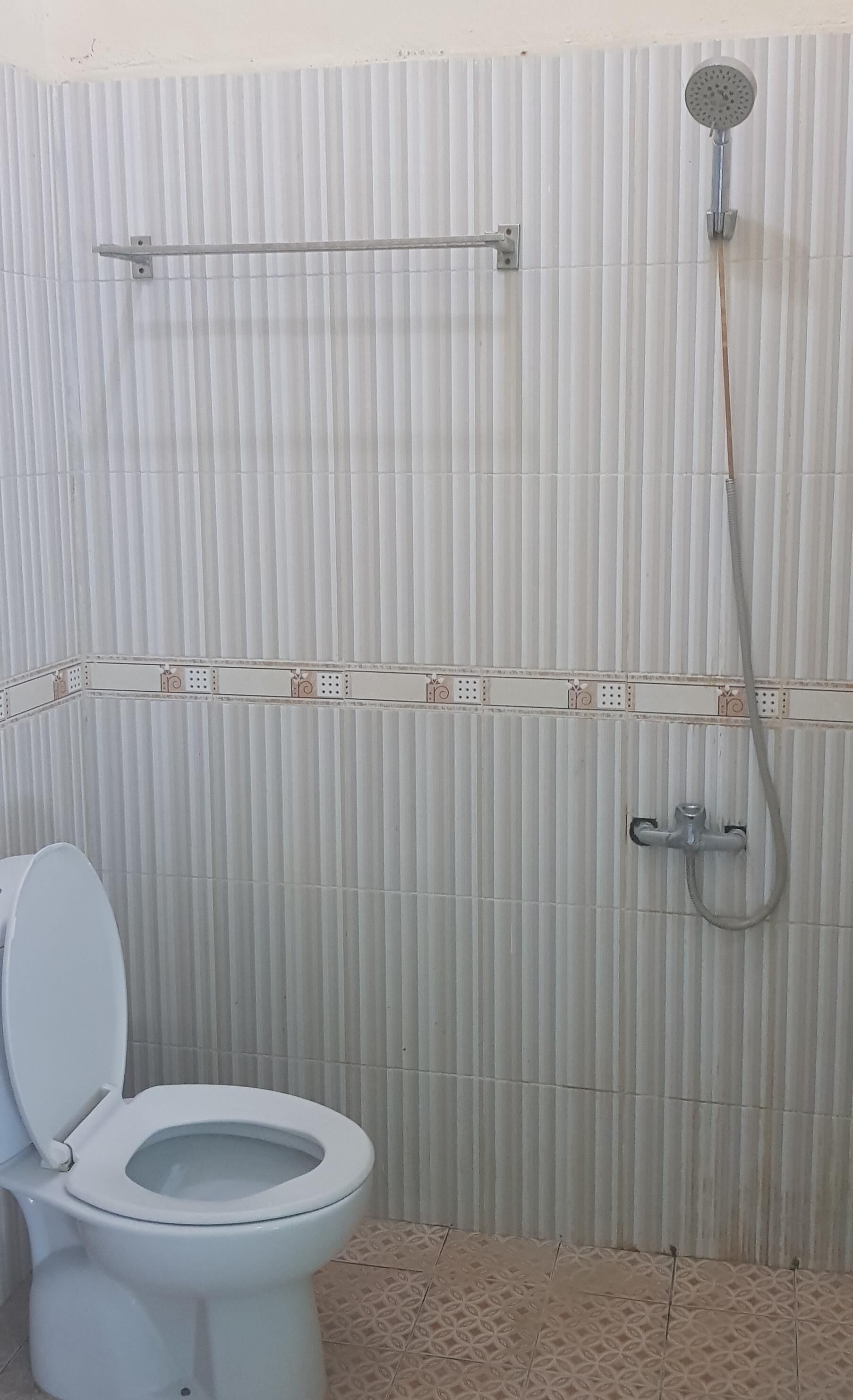 Un baño con inodoro, ducha y pared con azulejos.
