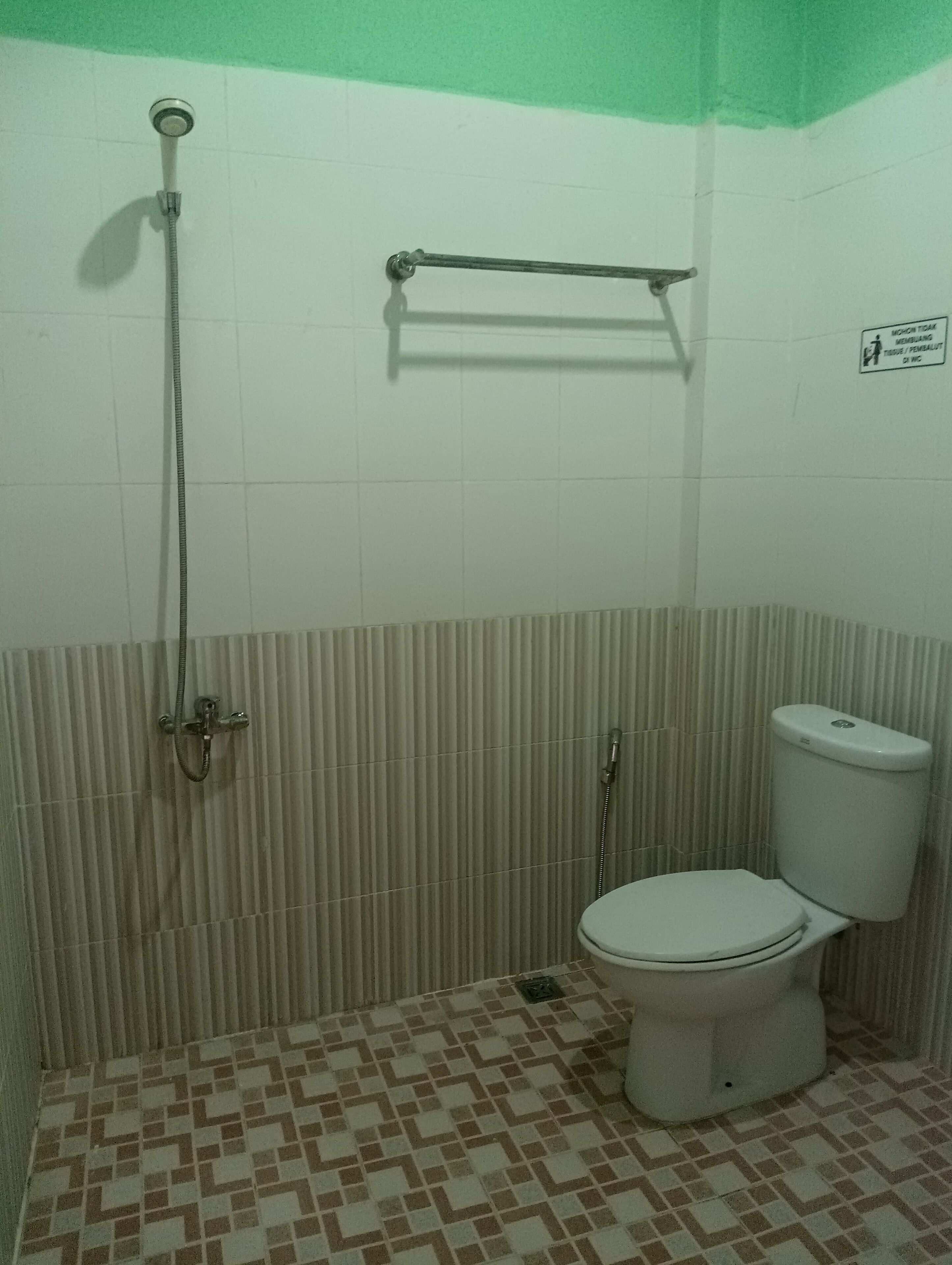 Un baño con inodoro, ducha y toallero.