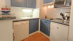 A compact kitchen with blue and white cabinets, a built-in microwave, and a dishwasher.
