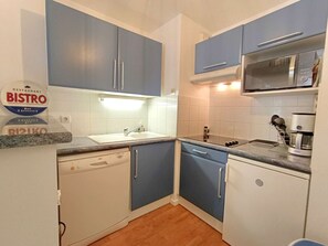Microwave, stovetop, dishwasher, coffee/tea maker