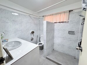 Dusche, Haartrockner, Handtücher, Seife