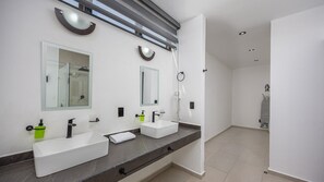 Shower, hair dryer, towels