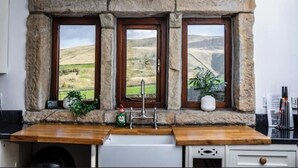 Cocina con fachada de piedra, tres ventanas, un lavabo y una planta.