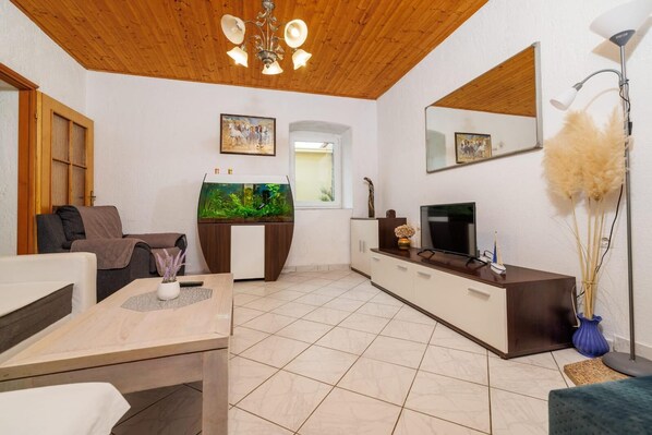 A modern living room with a wooden ceiling, a fish tank, a TV, and a sofa. - Holiday house Bribirka (Bribir)