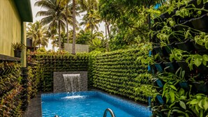 Una piscina all'aperto con cascata, immersa nel verde e circondata da palme.