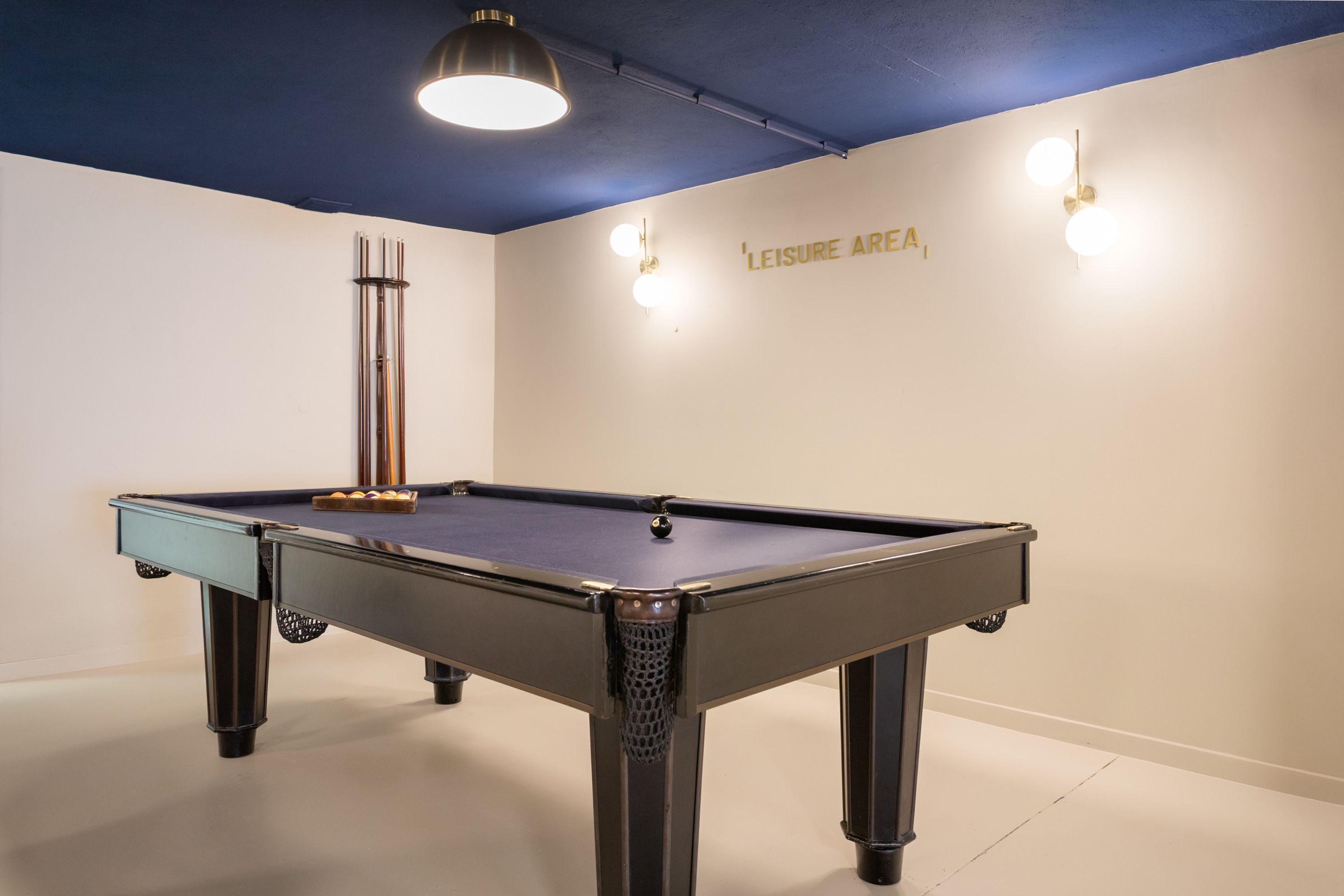 Een pooltafel met een blauwe viltkleed, een metalen standaard en een net. Er zijn wandlampen en een bord met de tekst 'LEISURE AREA'.