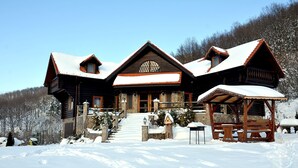 A log cabin with a snow-covered roof, a stone staircase leading to the entrance, and a wooden porch with benches. - Rustic Cottage (Sibiu)