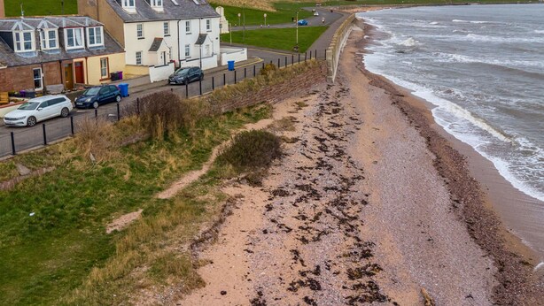 A coastal residential area with houses, a sandy beach, and a sea wall. - Creel Cottage 4 - Stunning Beach Front Access & Views - Free Parking - Garden (Arbroath)