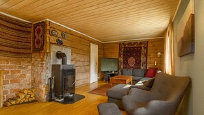 A cozy living room with a fireplace, a sofa, and a television.