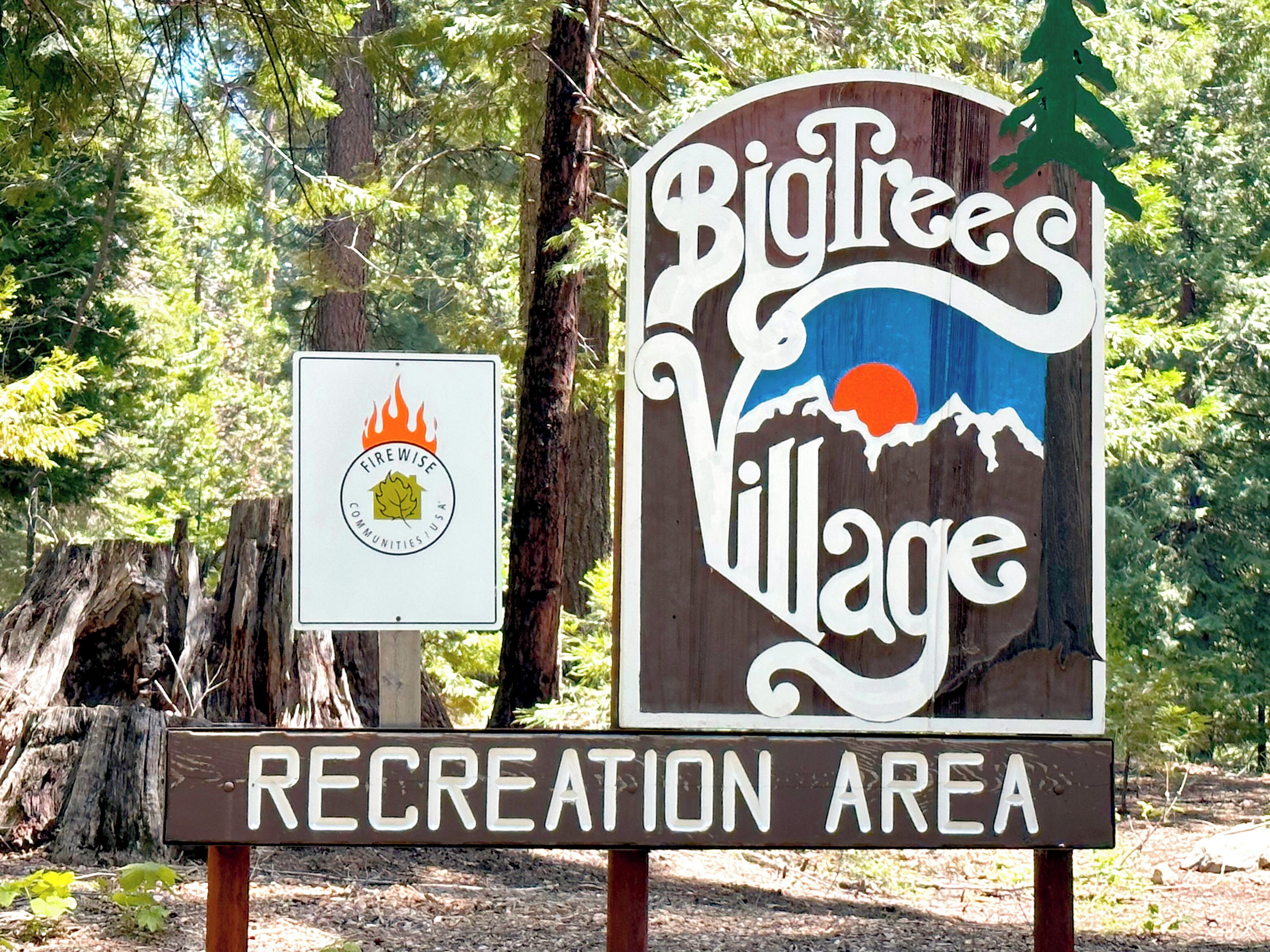A sign for Big Trees Village Recreation Area with a logo and text.