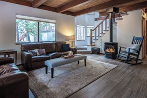 Smart TV, fireplace, books