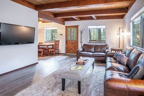 Smart TV, fireplace, books