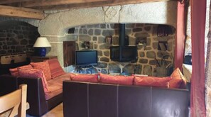 TV, fireplace, table football, books