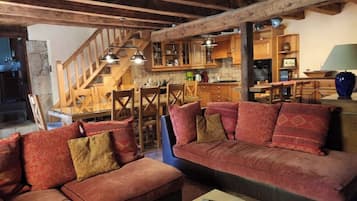 TV, fireplace, table football, books