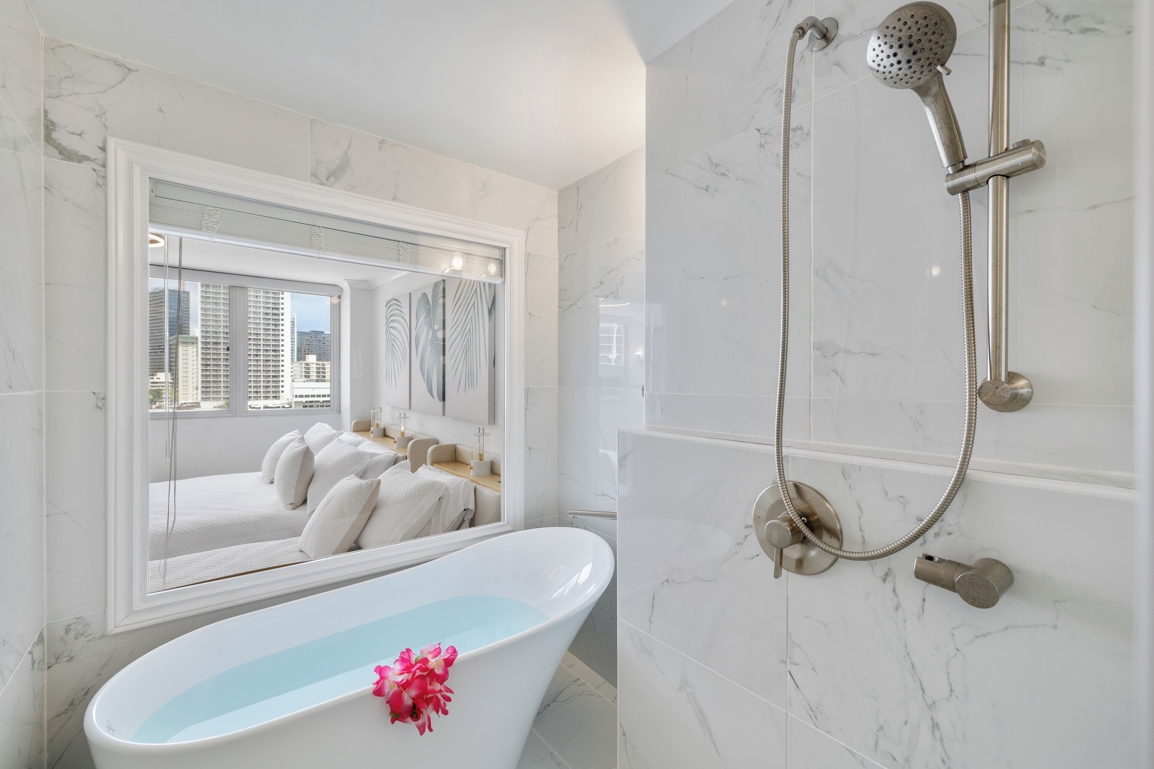 Shower, hair dryer, towels