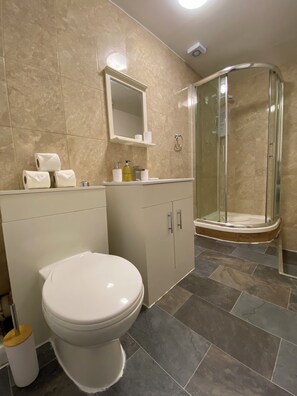 Hair dryer, towels, soap, toilet paper