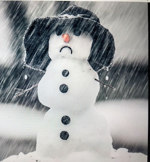 A snowman with a hat and buttons, set against a snowy background.