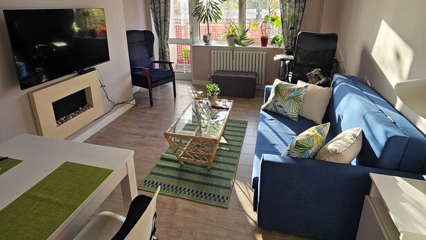 Una sala de estar con televisor, sofá y sillones. Hay plantas en el alféizar de la ventana y un radiador.
