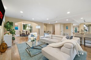 Smart TV, fireplace, books