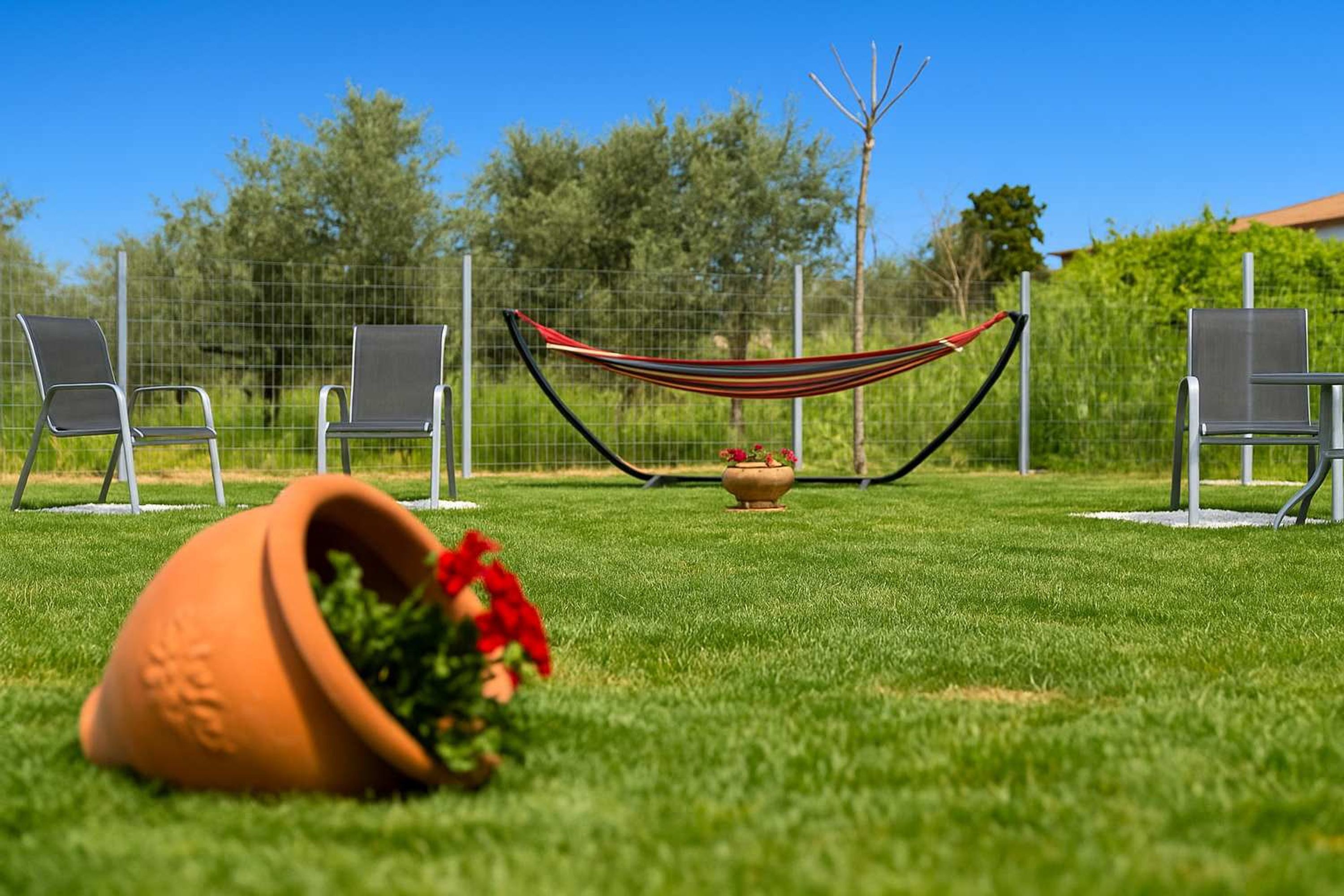 Een hangmat tussen twee stoelen op een verzorgd gazon, met een bloempot op de voorgrond.
