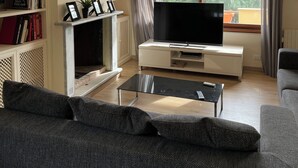 Uma sala de estar com lareira, estantes de livros, uma TV de tela plana e um sofá.