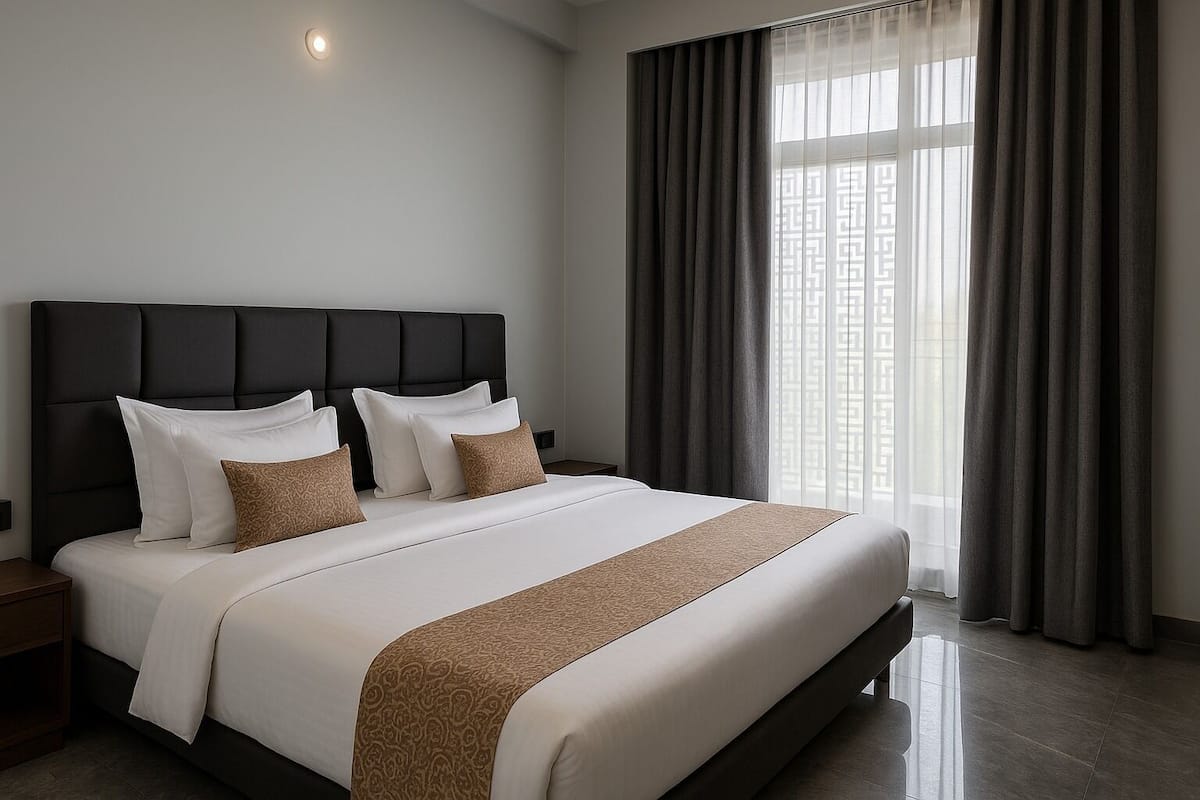 A modern hotel room with a large bed, dark headboard, and a view of the city through sheer curtains.