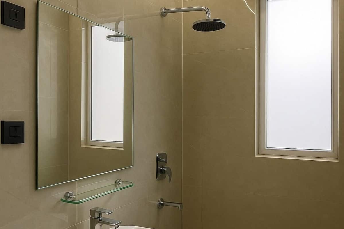 A modern bathroom with a vanity, mirror, shower, and ceiling fan.