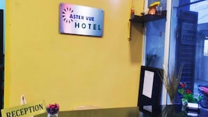 Un comptoir d’accueil avec une enseigne indiquant « ASTER VUE HOTEL » et une autre indiquant « RÉCEPTION ».