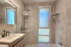 Shower, hair dryer, bidet, towels