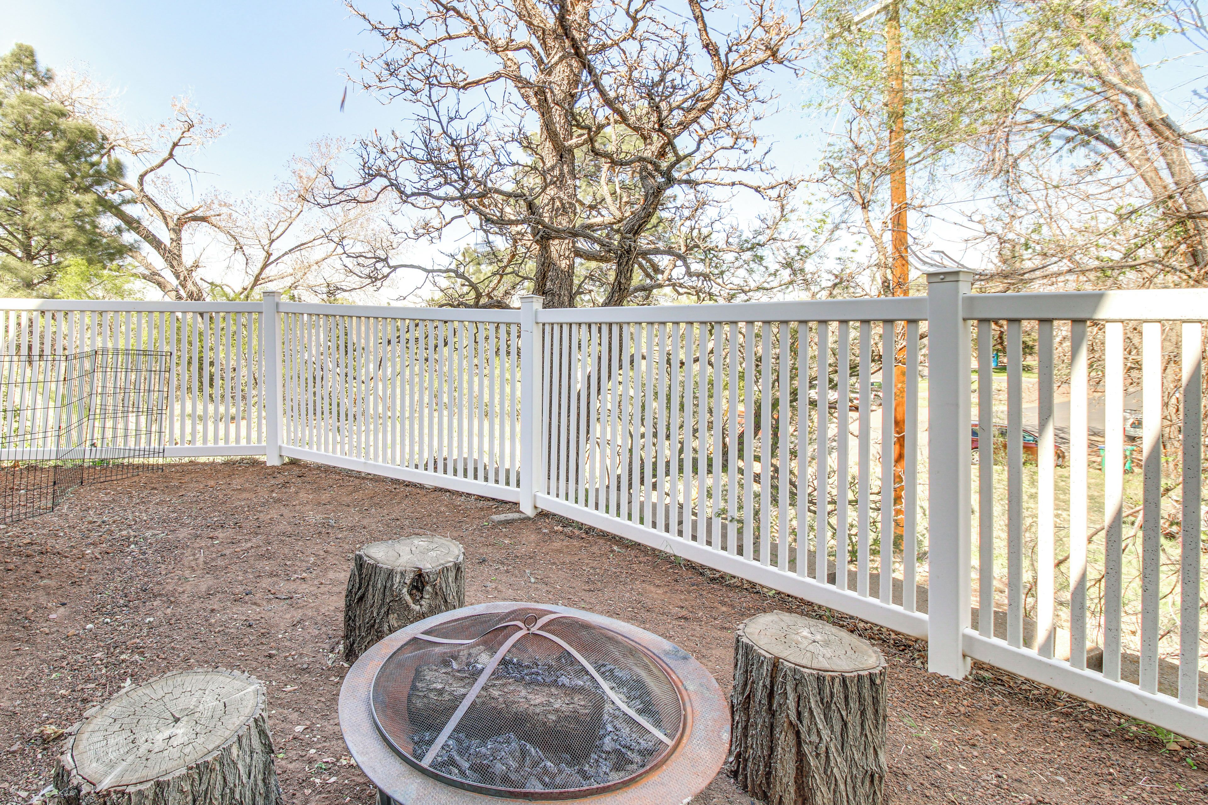 A fenced outdoor area with a fire pit surrounded by tree stumps.