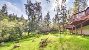Une zone boisée avec une terrasse en bois et un bâtiment.