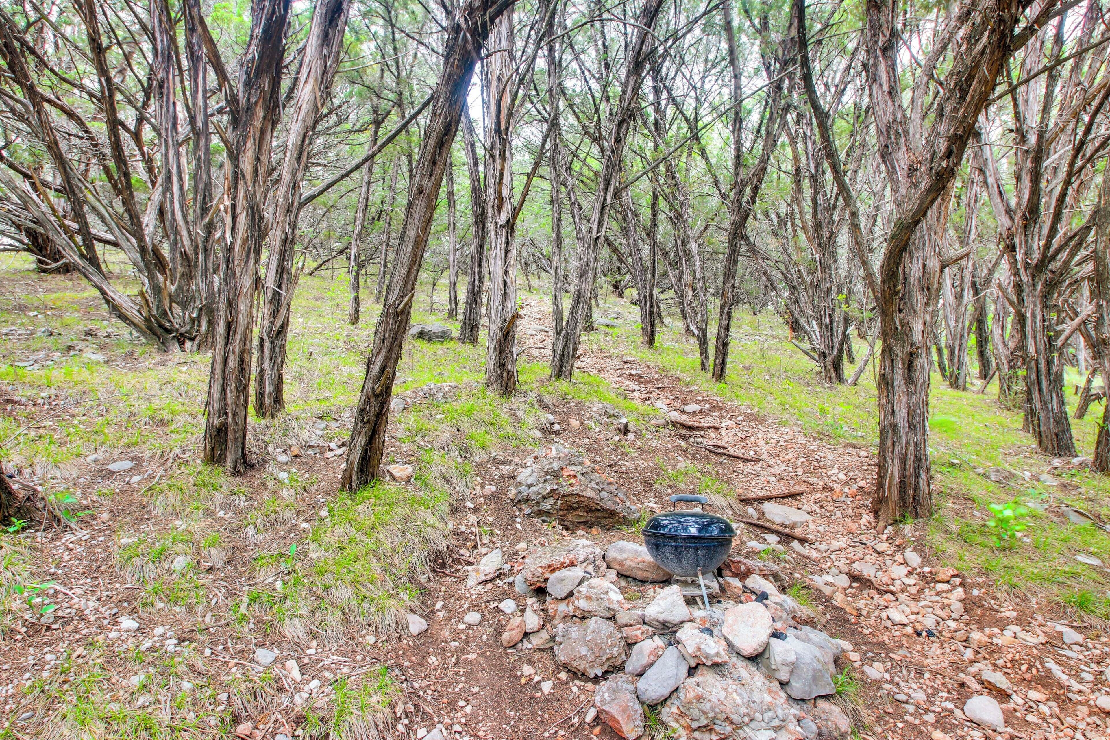 A forest path with a rustic stone structure and a metal basin.