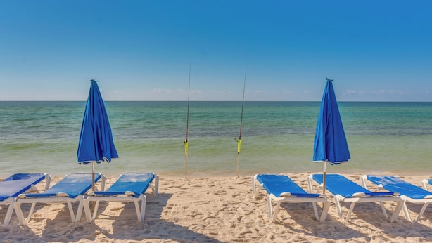 A beach with blue umbrellas and lounge chairs facing the ocean. - Sunset-view Resort Condo on Perdido Key (Pensacola)