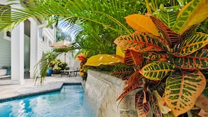 Un área junto a la piscina con un muro de piedra, exuberante vegetación tropical y un edificio blanco al fondo.