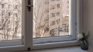 A window with a view of a building complex, a door, and a small potted plant on the windowsill. - Vintage 1BR Apt in Kamppi  (Helsinki)
