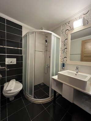 Une salle de bain avec une douche à parois de verre, des toilettes et un lavabo avec un miroir au-dessus.