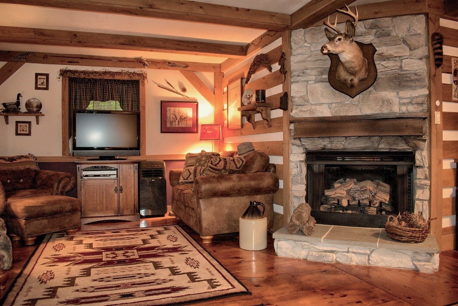 Kamin, DVD-Player, Tischtennisplatte, Bücher