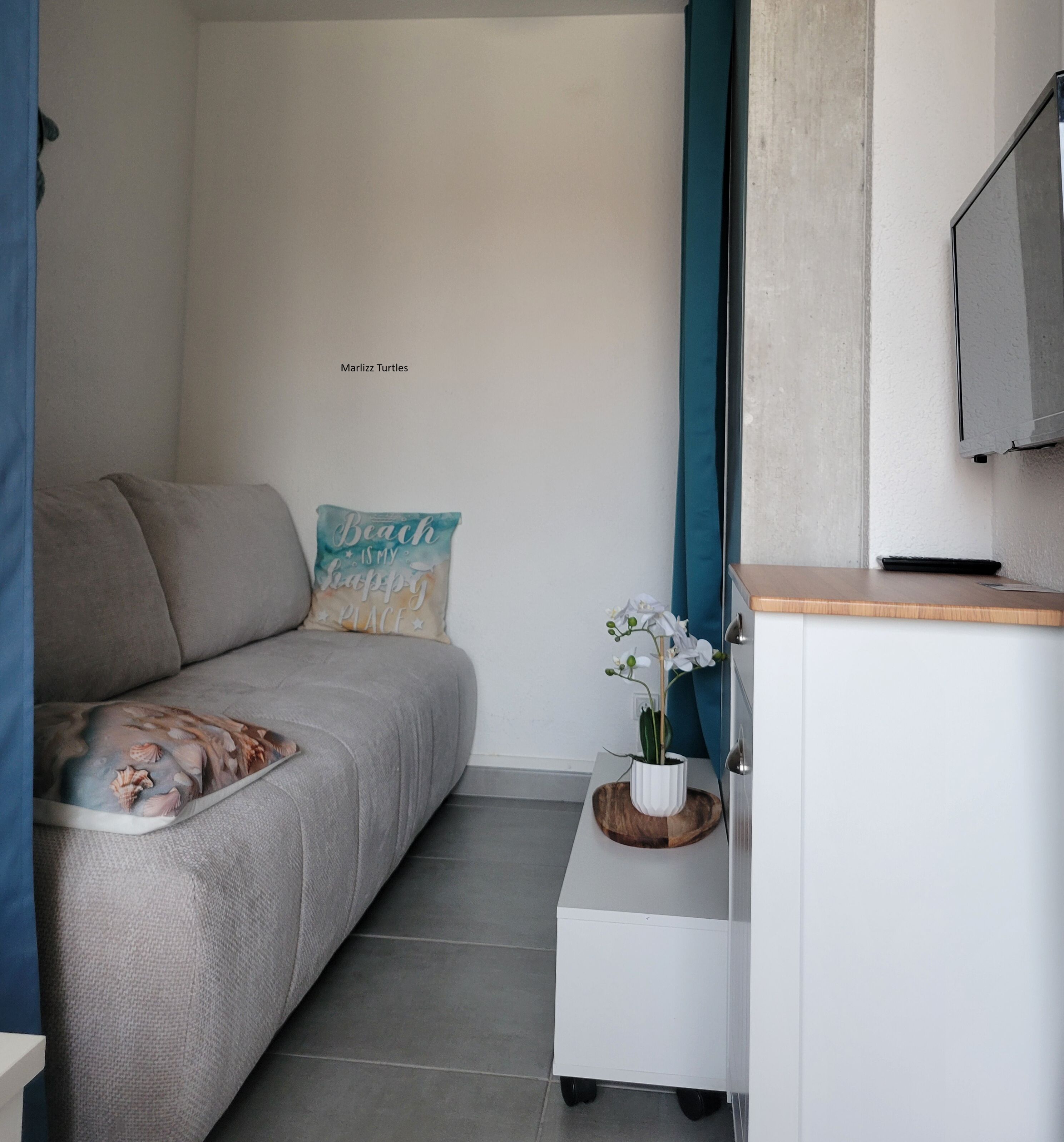 A modern, minimalist room with a grey sofa, a teal pillow, a small white cabinet with a plant, and a wall-mounted TV.