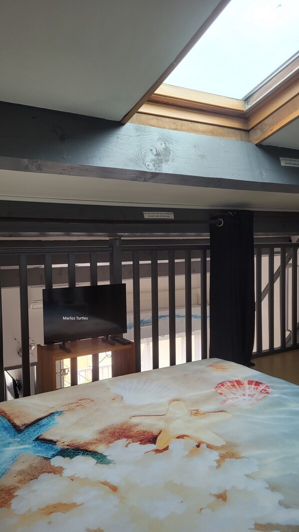 A room with a skylight, a television on a wooden stand, and a bed with a seashell design.