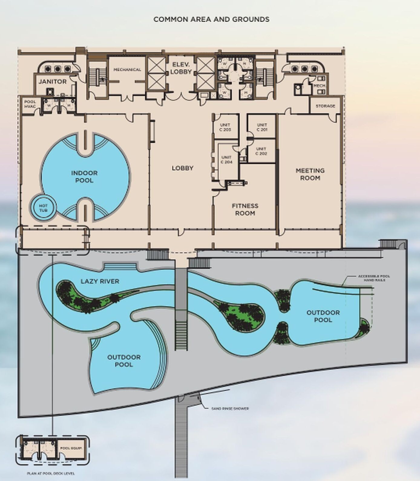 A hotel layout with an indoor pool, an outdoor pool, a fitness room, and a meeting room.