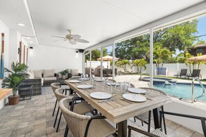 Outdoor dining - Moonlight Villa w/ Hot Tub, Pool, Turf Yard! (Sarasota)