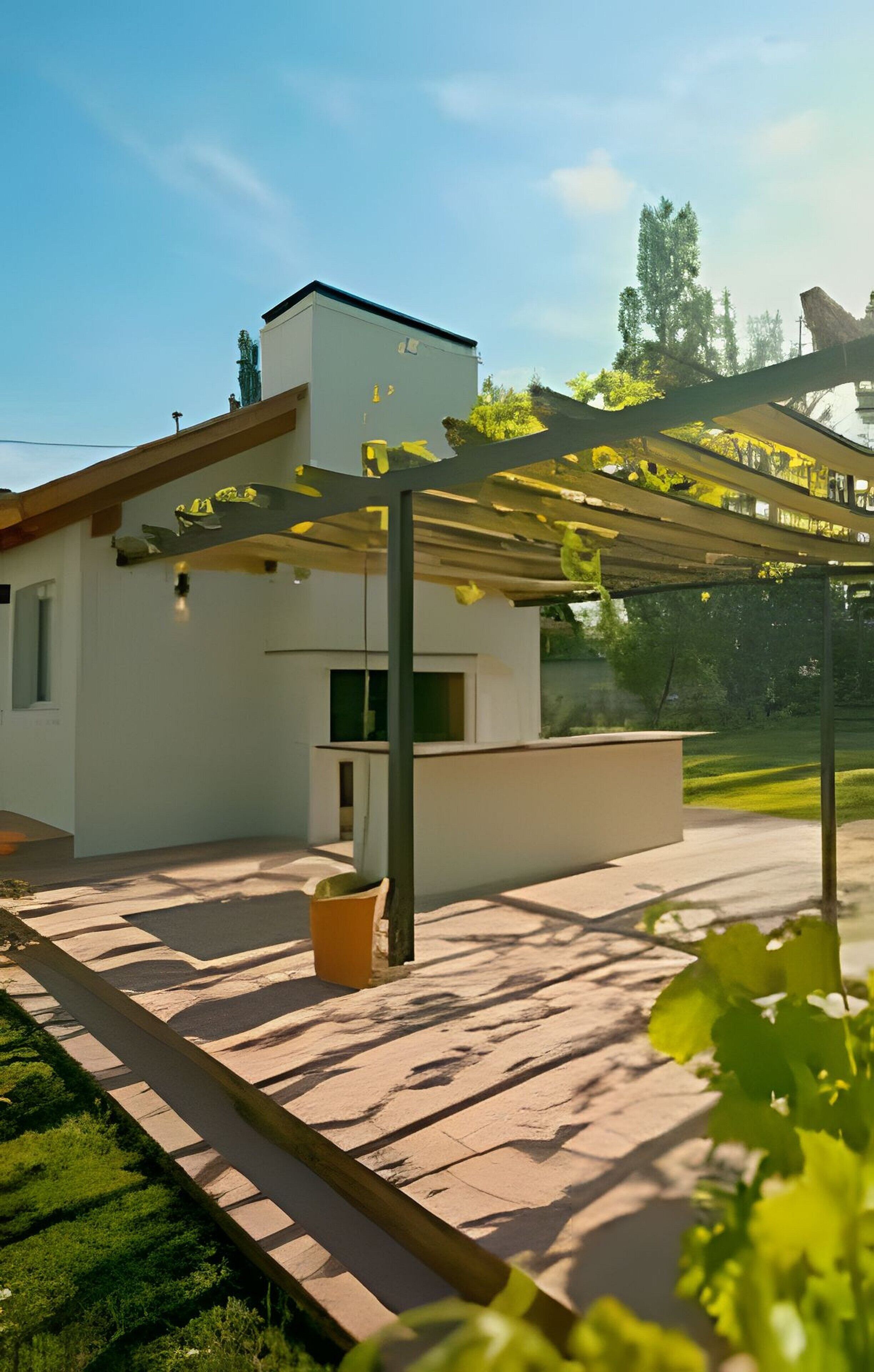 Une maison moderne dotée d’un patio, d’une pergola et d’une pelouse bien entretenue.