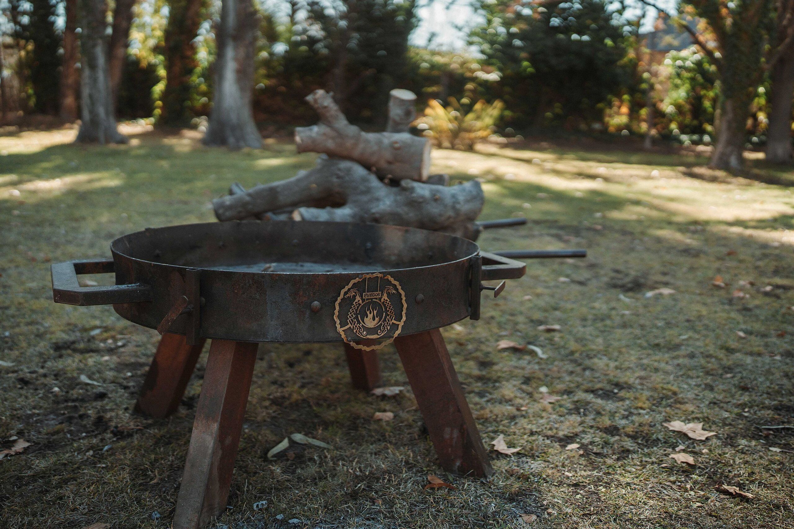 A rustic outdoor grill with a decorative emblem, set on a grassy area with trees in the background.