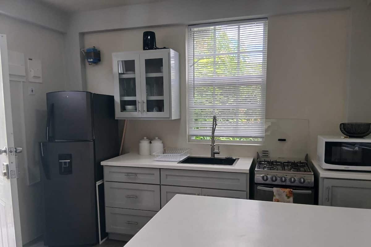 A compact kitchen with a refrigerator, microwave, sink, and stove.