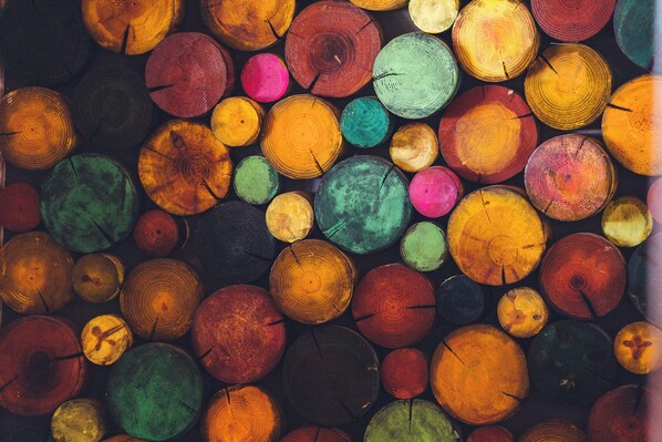 Un ensemble de bûches de bois rondes, de différentes couleurs.