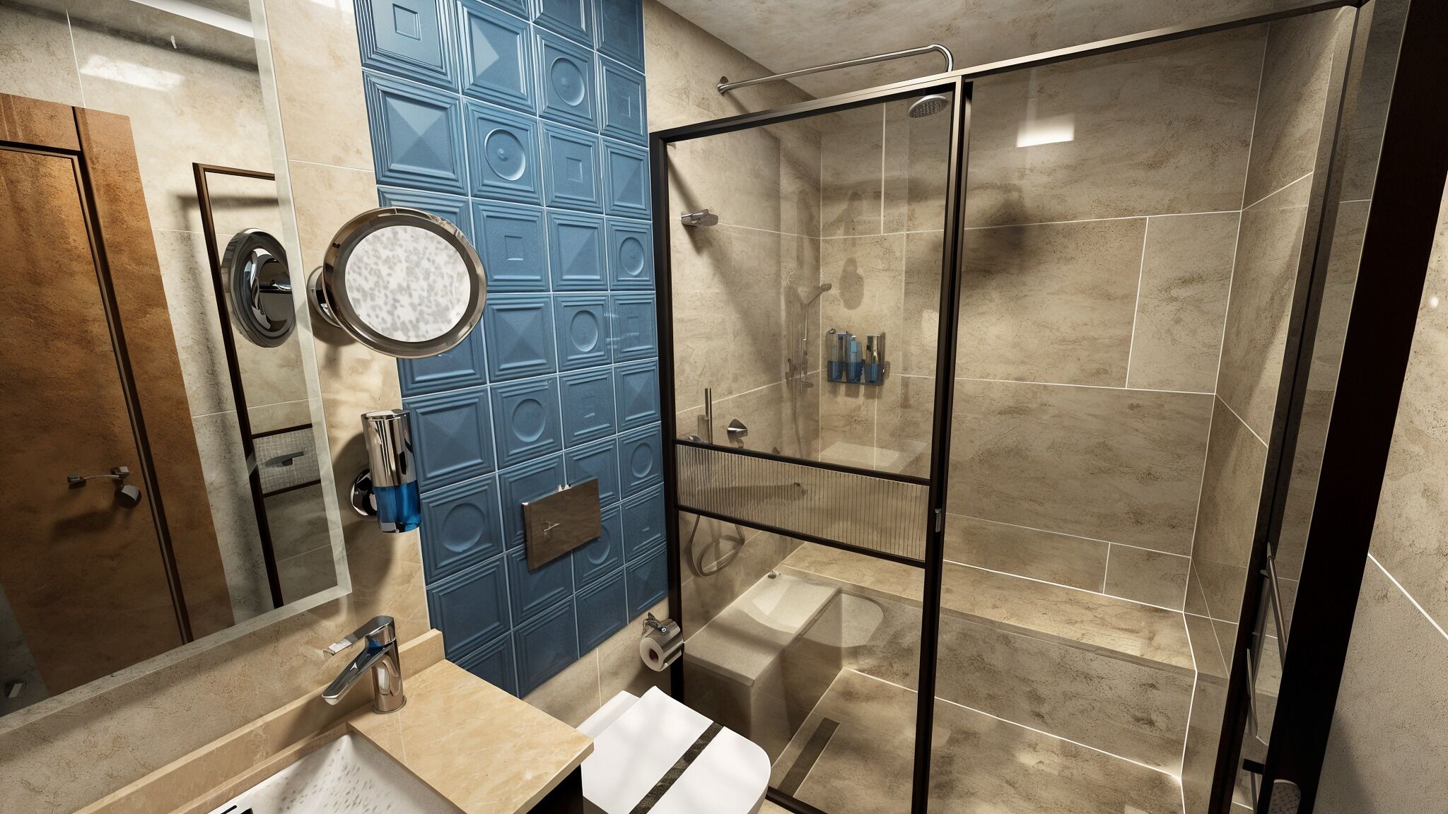 Shower, hair dryer, slippers, towels