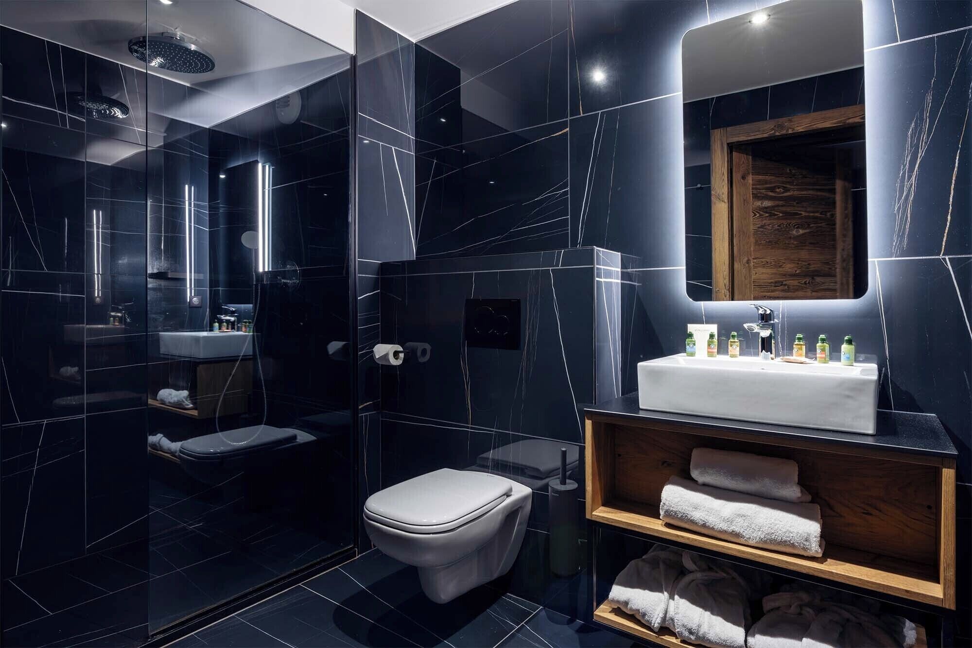 Ein modernes Badezimmer mit einer Duschkabine, einer weißen Toilette und einem Waschtisch mit Spiegel und Ablageflächen für Toilettenartikel.